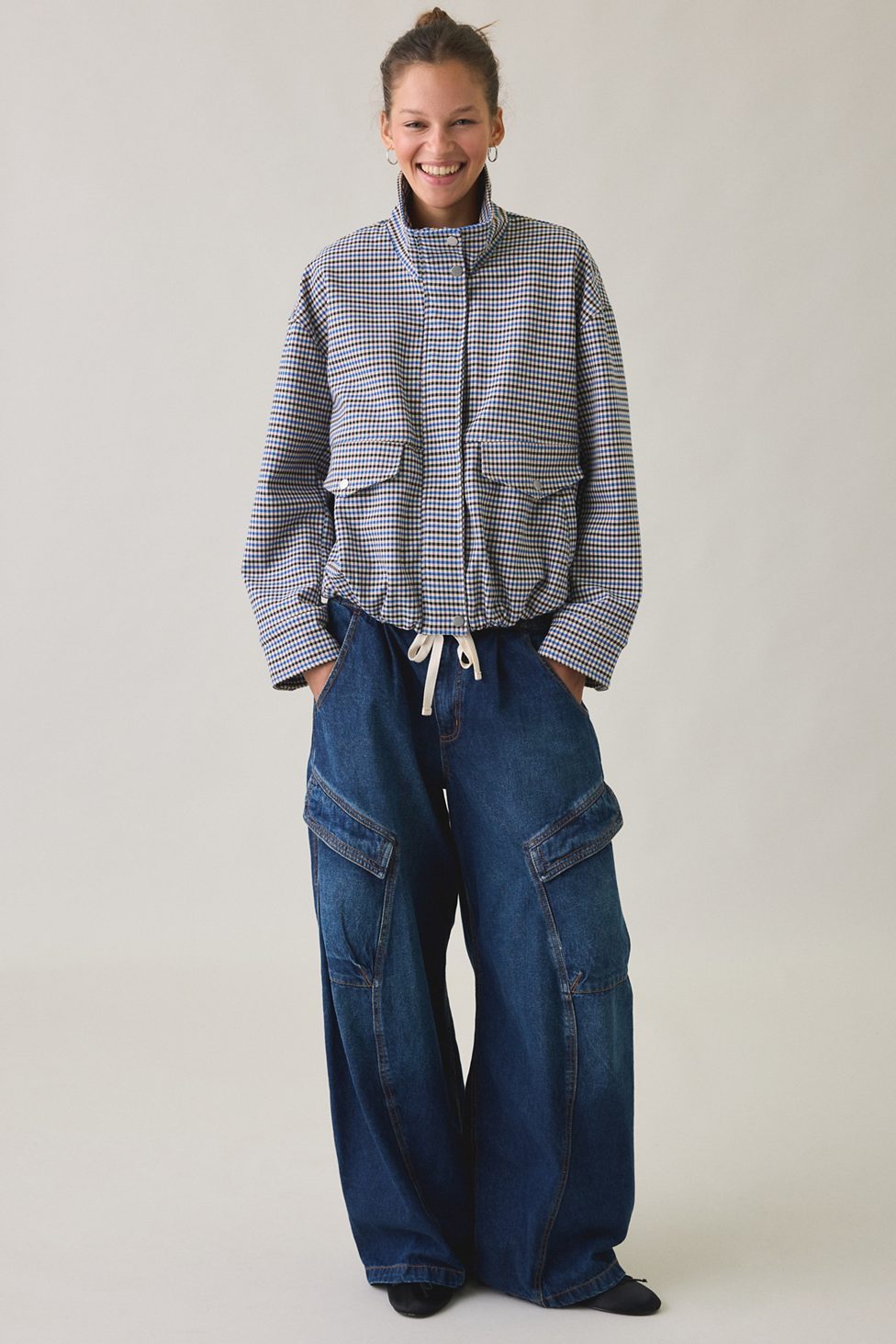 UO Harper Funnel Neck Bomber Jacket - Blue Multi