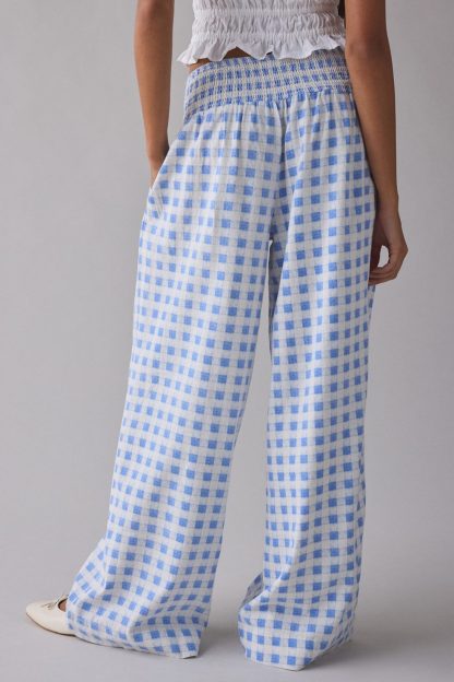 Kimchi Blue Caroline Smocked Wide Leg Linen-Blend Pants - Heart Gingham