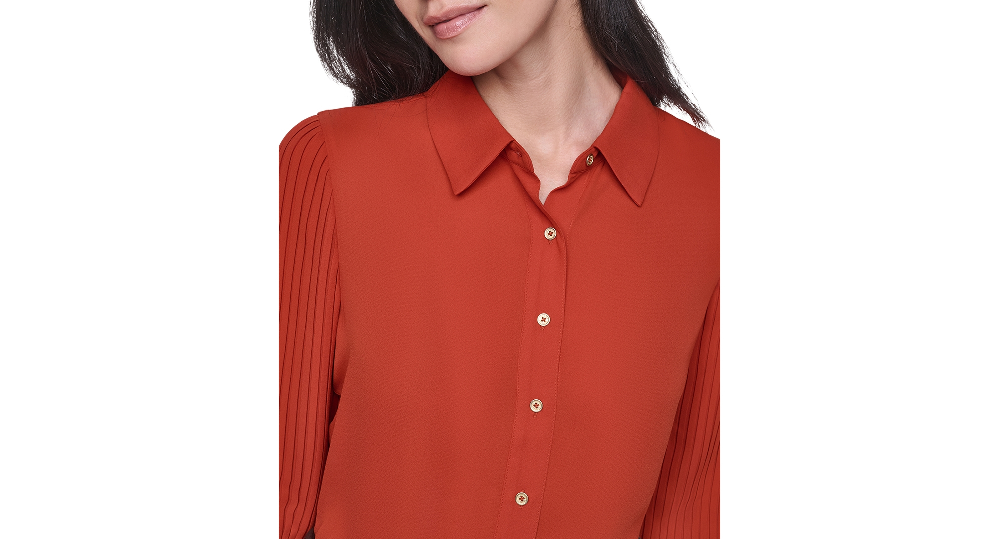 Tommy Hilfiger Women's Long-Sleeve Button-Front Pleated-Sleeve Blouse - Paprika