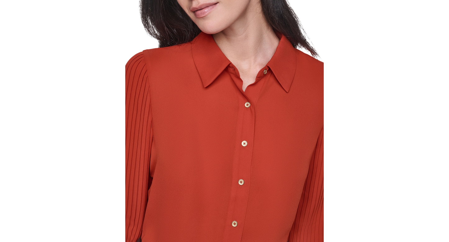 Tommy Hilfiger Women's Long-Sleeve Button-Front Pleated-Sleeve Blouse - Paprika