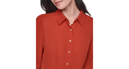 Tommy Hilfiger Women's Long-Sleeve Button-Front Pleated-Sleeve Blouse - Paprika