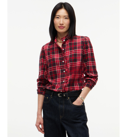 Tommy Hilfiger Women's Plaid Frill Flannel Shirt - Dark Tartan Red
