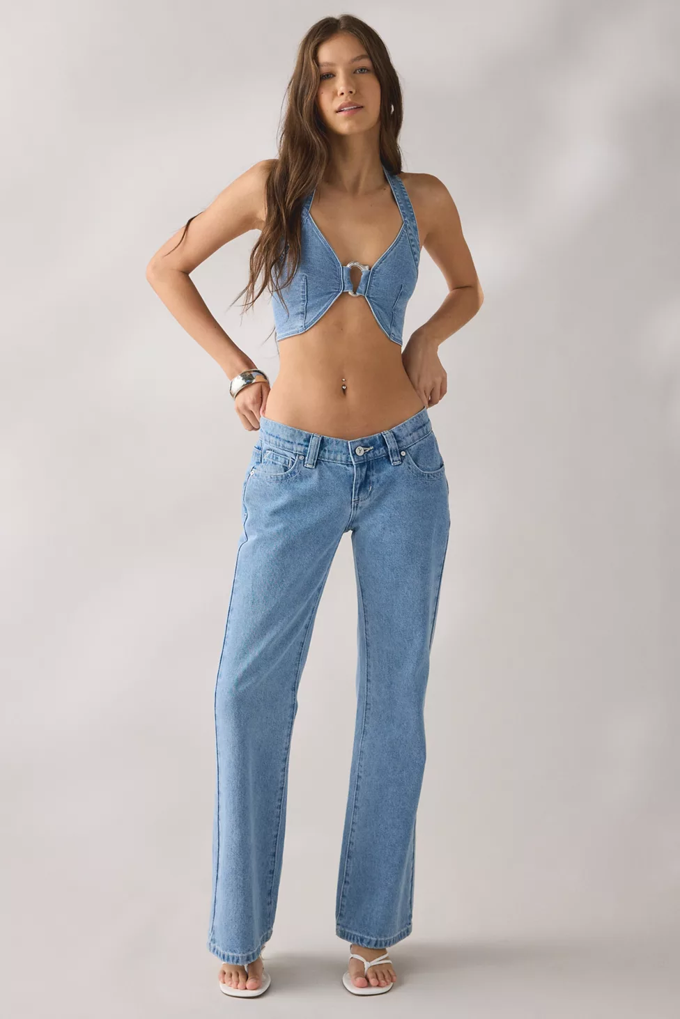 UO Got Away O-Ring Halter Neck Cropped Vest - Vintage Denim Medium