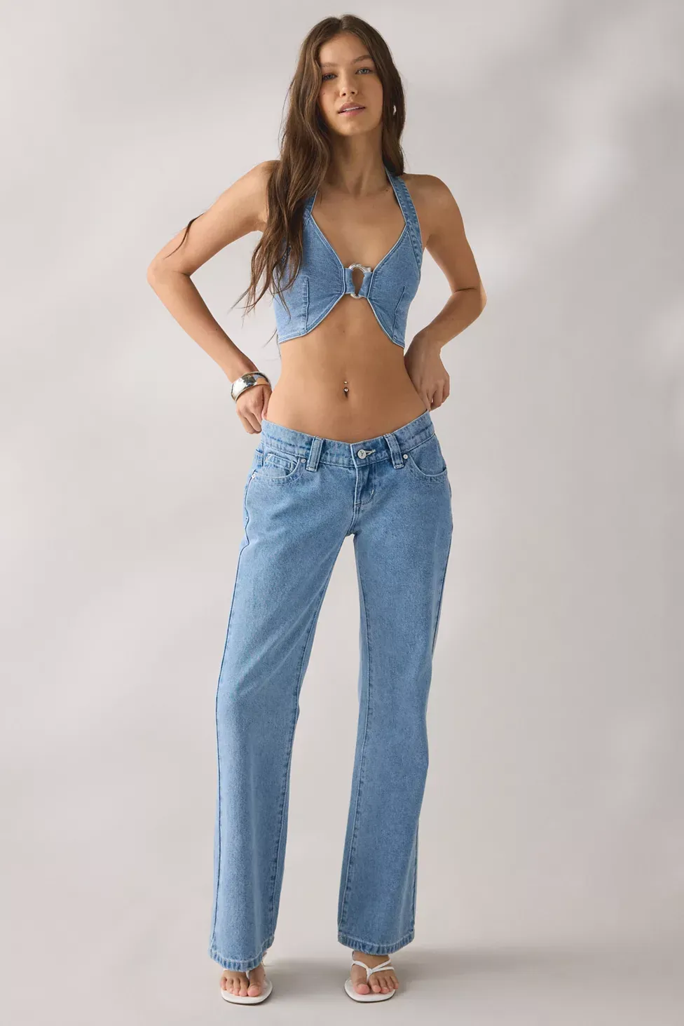 UO Got Away O-Ring Halter Neck Cropped Vest - Vintage Denim Medium
