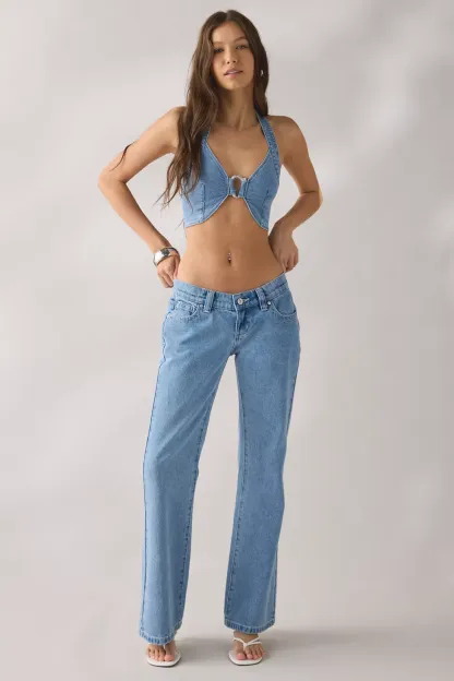 UO Got Away O-Ring Halter Neck Cropped Vest - Vintage Denim Medium