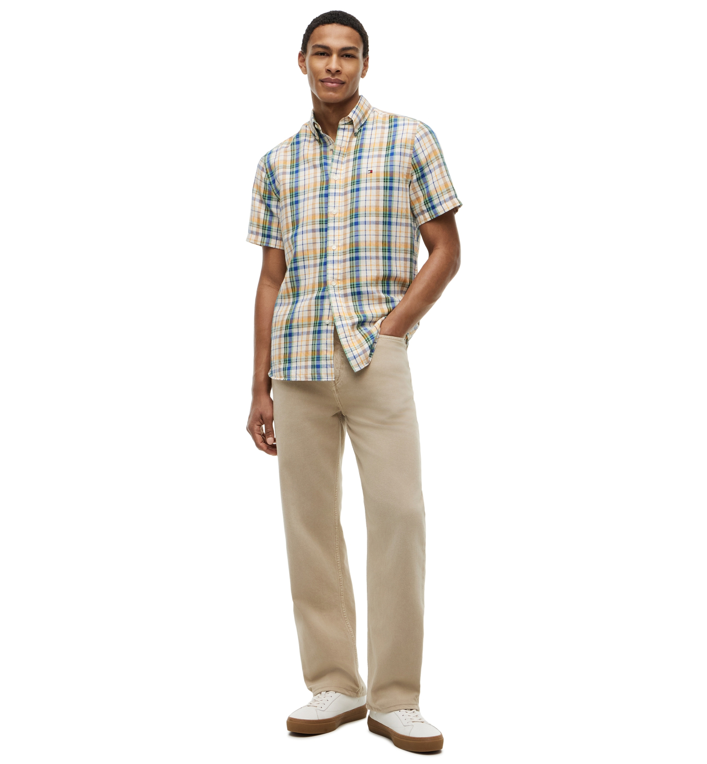 Tommy Hilfiger Men's Linen Blend Madras Short-Sleeve Shirt - Ivory Petal / Check