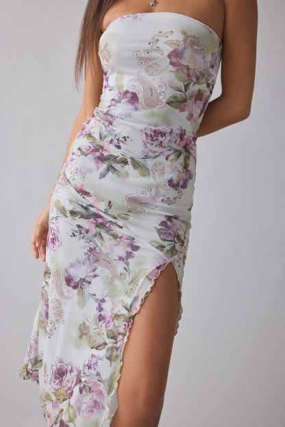 UO Samara Mesh Strapless Midi Dress - Beige Floral