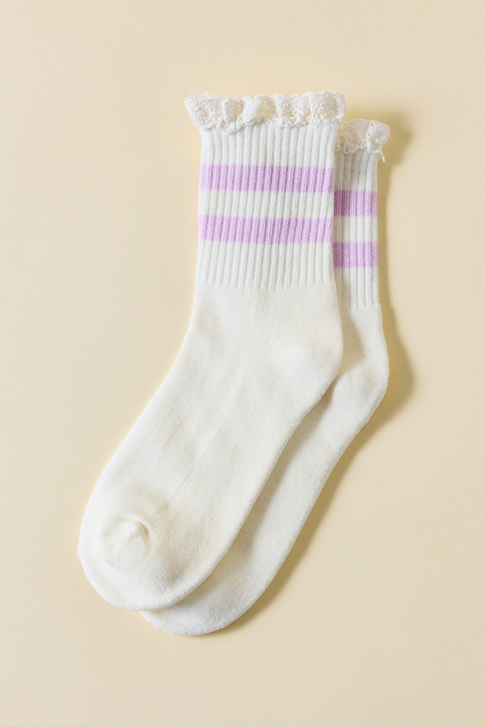Lace-Trim Striped Athletic Socks - Cream + Lilac Stripes