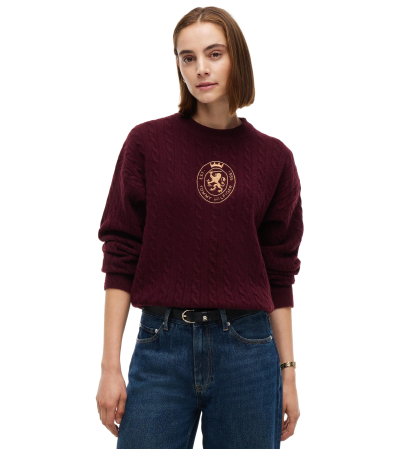 Tommy Hilfiger Women's Cable-Knit Crewneck Embroidered Crest Sweater - Deep Burgundy