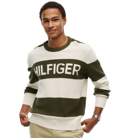 Tommy Hilfiger Men's Waffle Cotton Graphic Crewneck Sweater - Huntsman Green/Ivory Petal