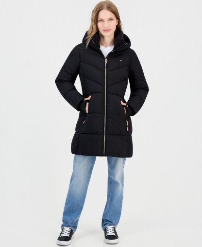 Tommy Hilfiger Women's Chevron-Quilted Puffer Coat - Black