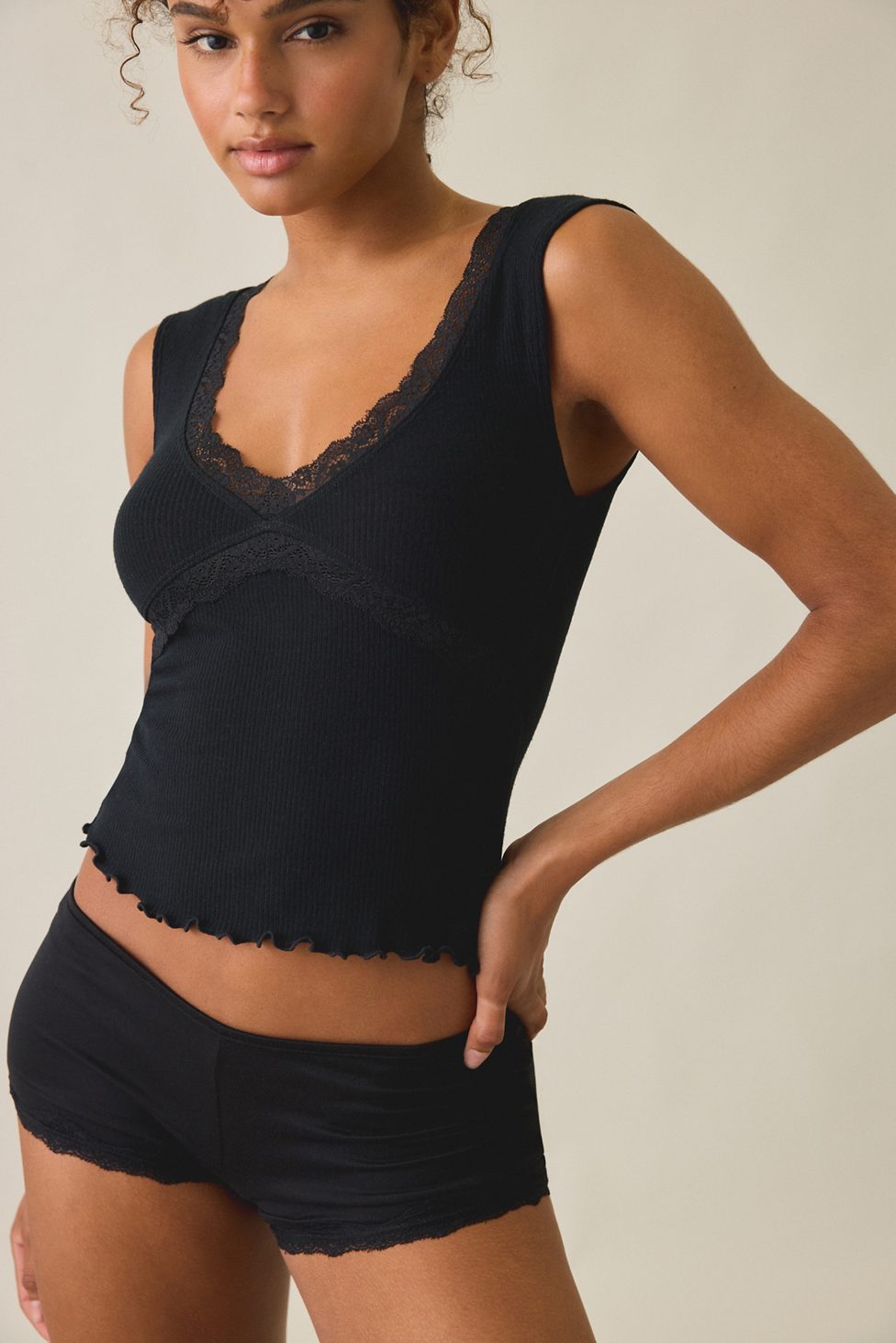 Out From Under Diana Plunging Lace Trim Cap Sleeve Top - Black