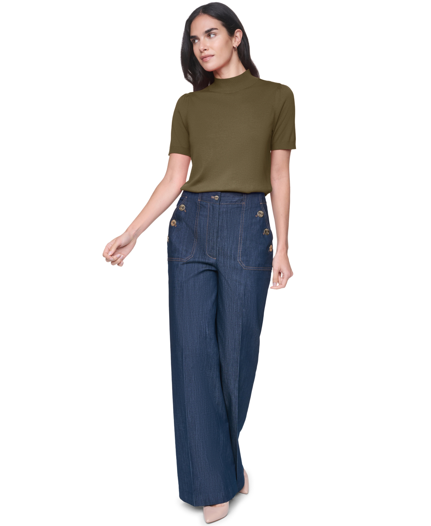 Tommy Hilfiger Women's Short-Sleeve Mock-Neck Puff-Sleeve Sweater - Dark Olive