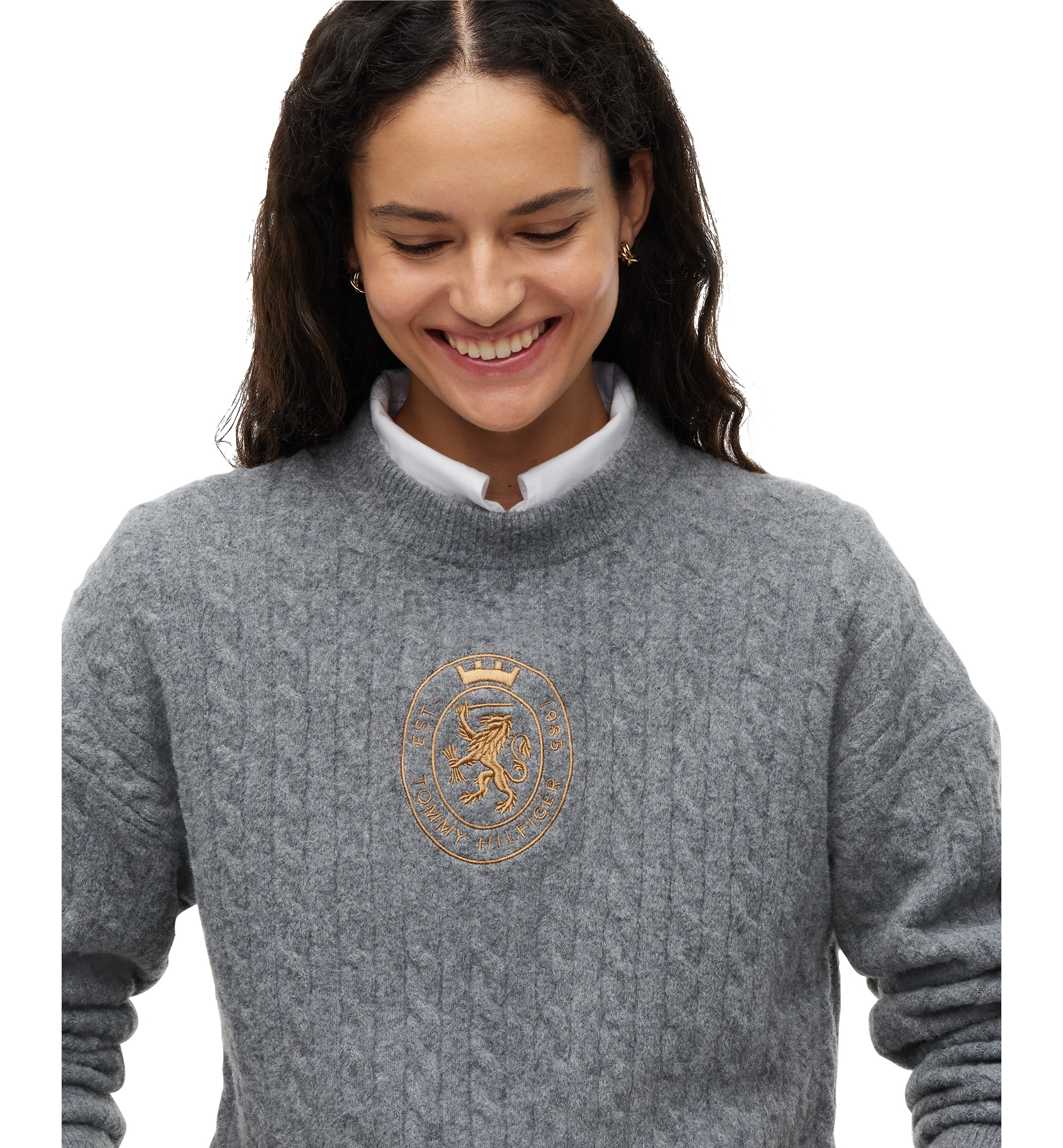 Tommy Hilfiger Women's Cable-Knit Crewneck Embroidered Crest Sweater - Medium Grey Heather