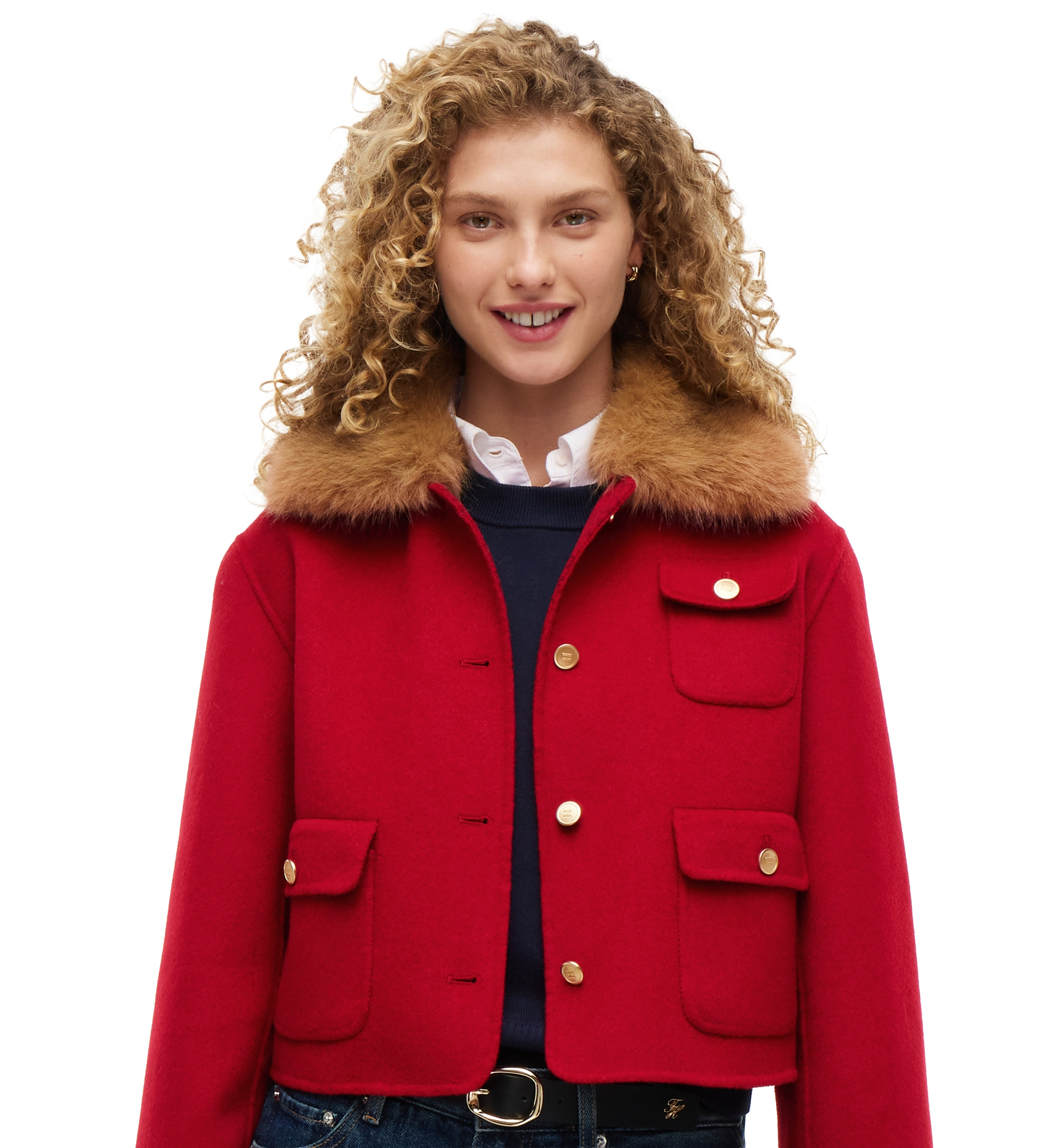 Tommy Hilfiger Women's Wool-Blend Cropped Jacket with Faux Fur - Red