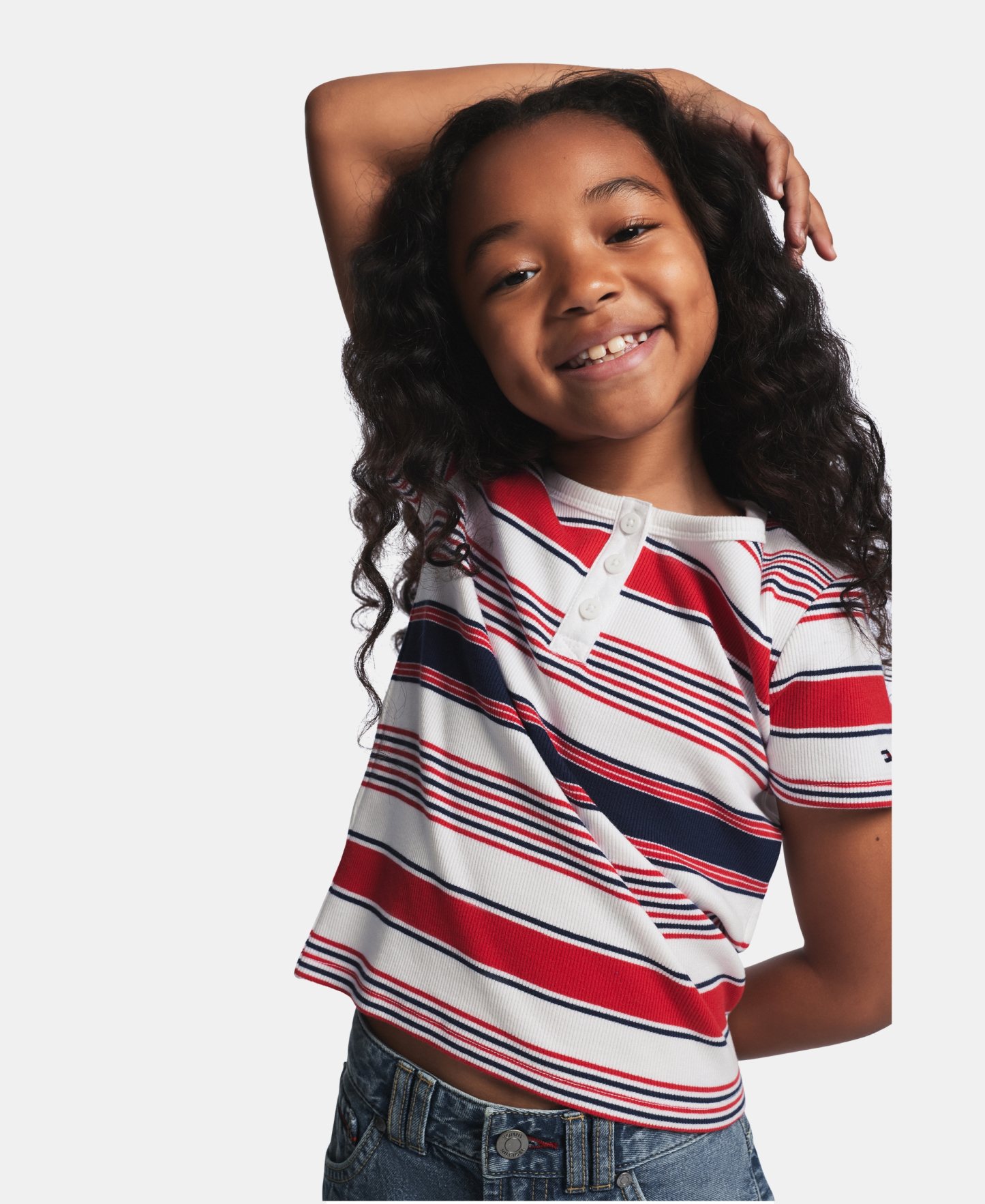 Tommy Hilfiger Girls' 7-16 Striped Ribbed Short-Sleeve Top - White/Navy/Red