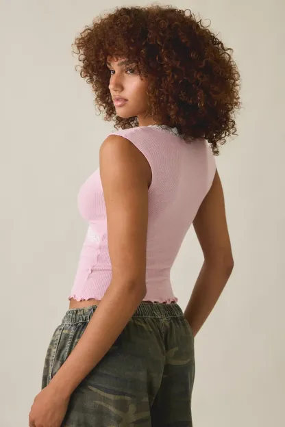 Out From Under Diana Plunging Lace Trim Cap Sleeve Top - Mauve