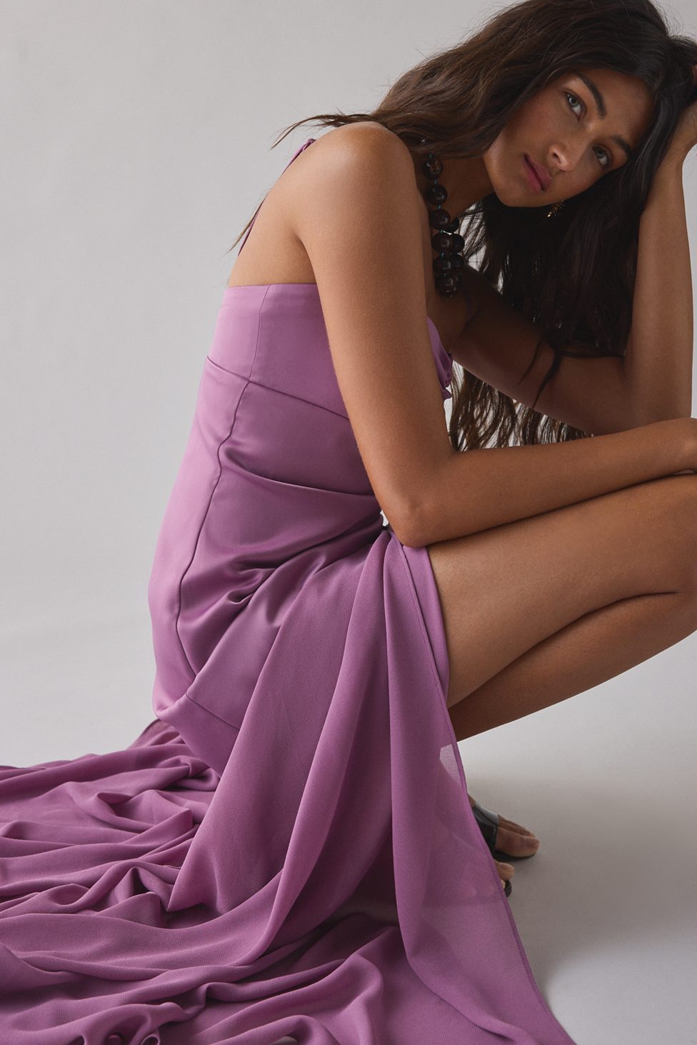 UO Sky High Sheer Illusion Asymmetric Maxi Dress - Purple