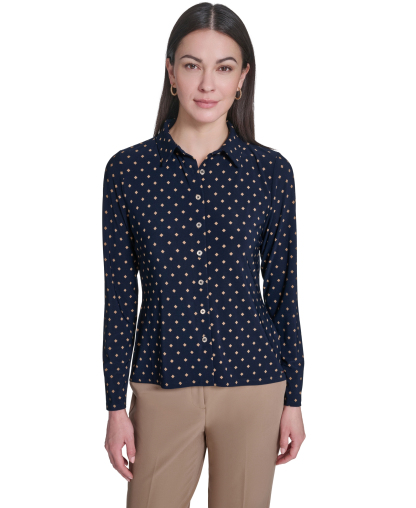 Tommy Hilfiger Women's Long-Sleeve Button Up Top - Midnight/Tobacco Brown