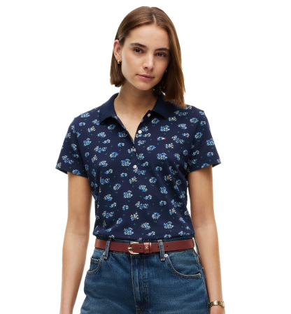 Tommy Hilfiger Women's Printed Short-Sleeve Polo Top - Traditional Floral Dark Blue
