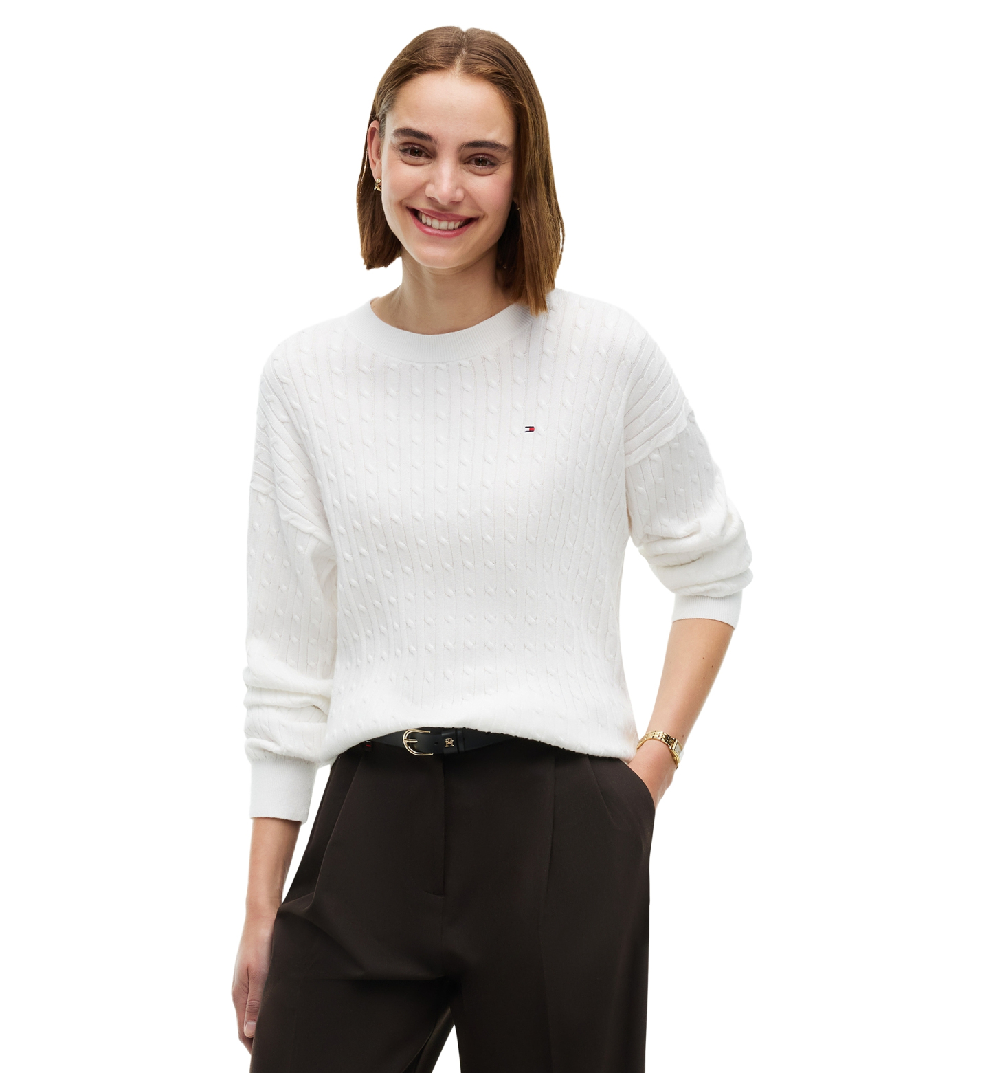 Tommy Hilfiger Women's Fine Gauge Cable-Knit Crewneck Sweater - Ecru