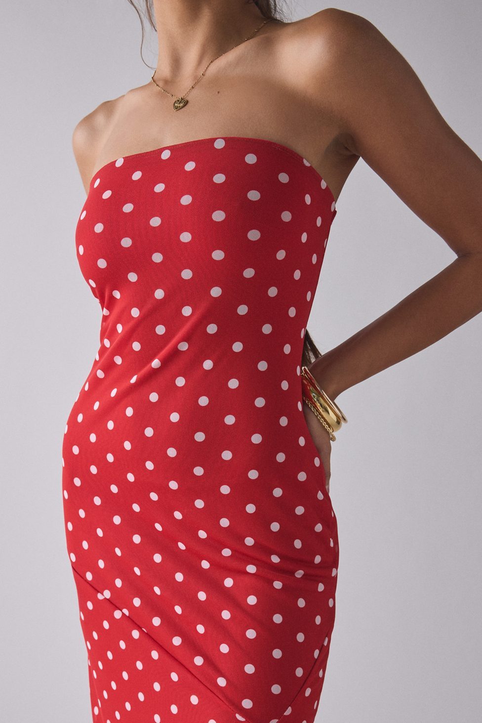 UO Samara Mesh Strapless Midi Dress - Red Polka Dot