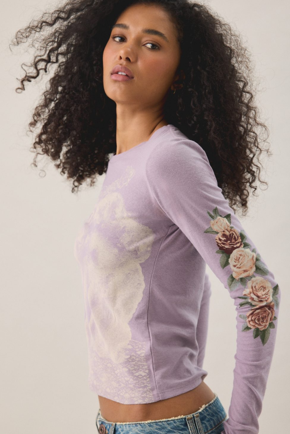 BDG Star Applique Graphic Leopard Print Long Sleeve Spill The Tee - Mauve