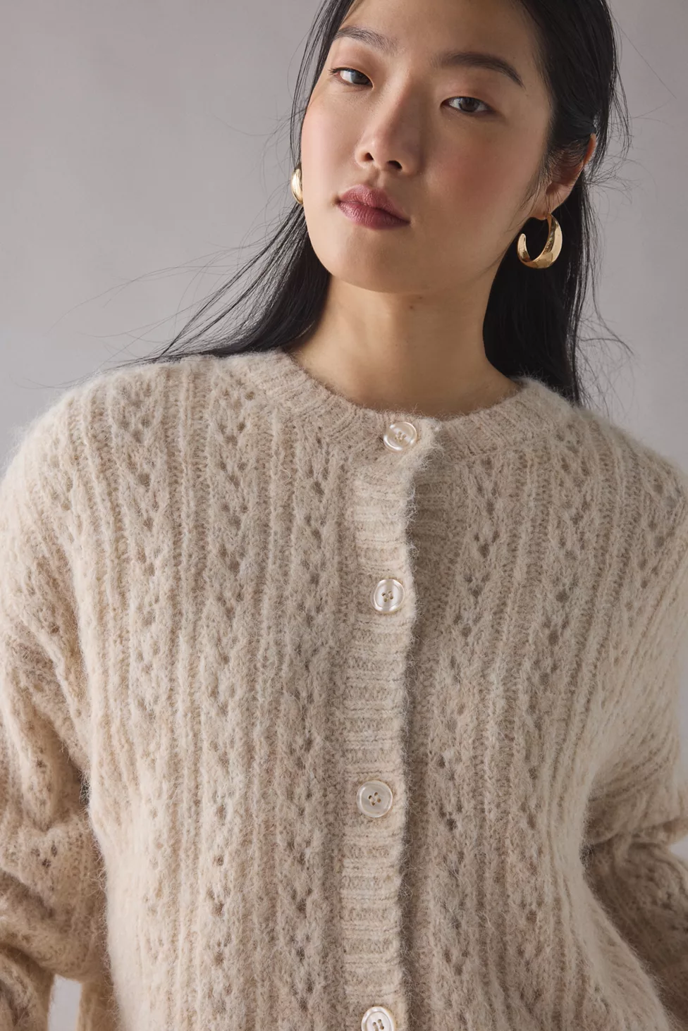 BDG Becca Brushed Pointelle Knit Oversized Cardigan - Ivory