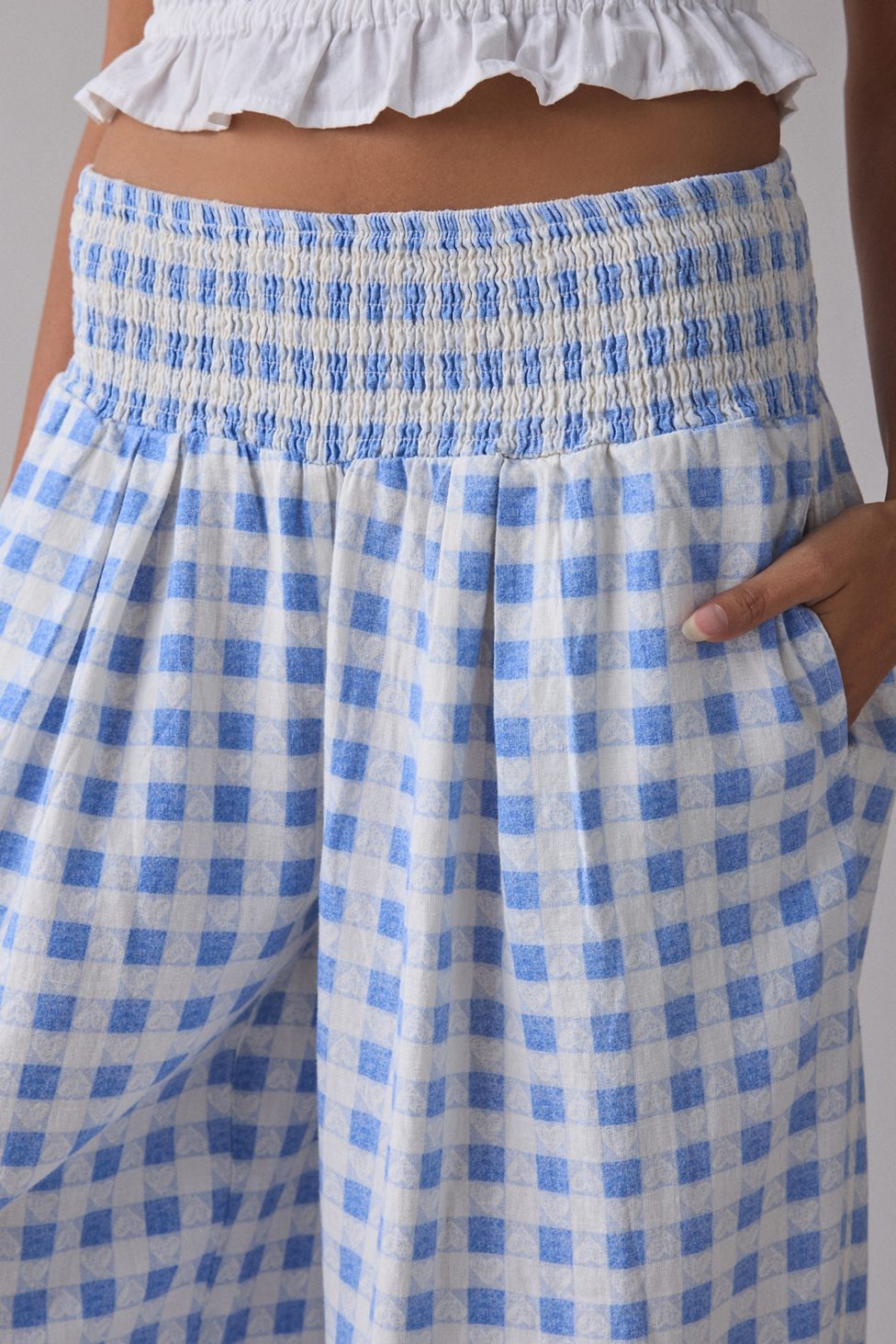 Kimchi Blue Caroline Smocked Wide Leg Linen-Blend Pants - Heart Gingham