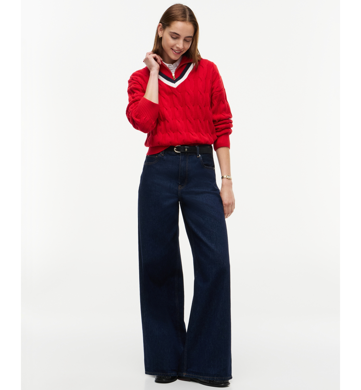 Tommy Hilfiger Women's Cable Half Zip Cricket Turtleneck Relaxed-Fit Sweater - Red