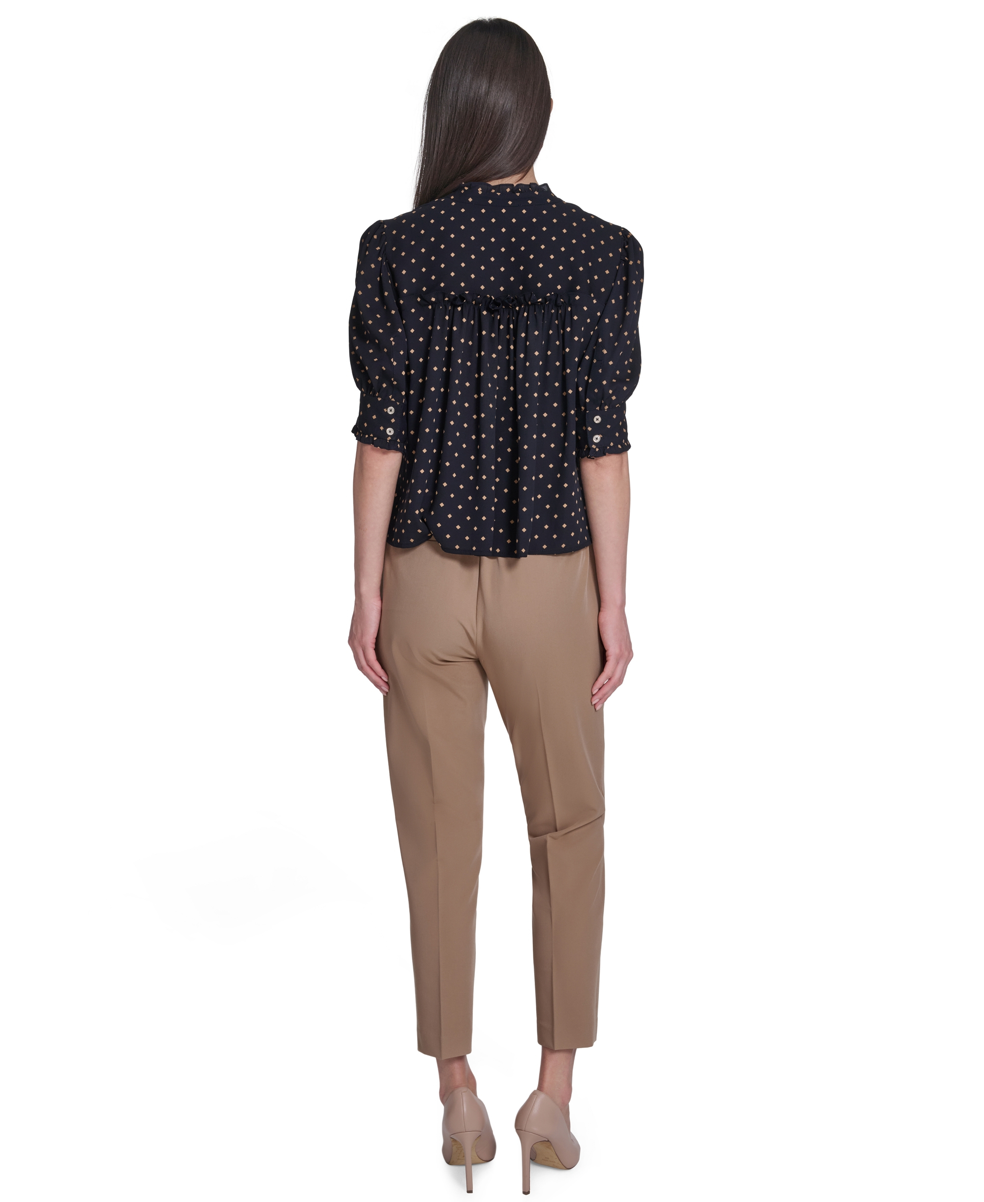 Tommy Hilfiger Women's Collared Ruffle Neck Blouse - Midnight/Tobacco Brown