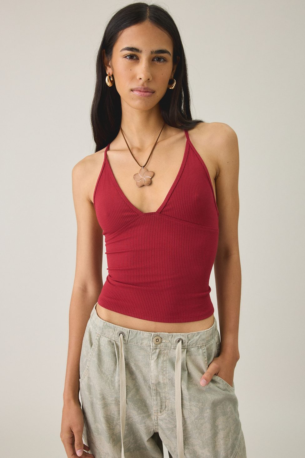 BDG Hold Me Tight Ribbed Racerback Cropped Cami - Book room red