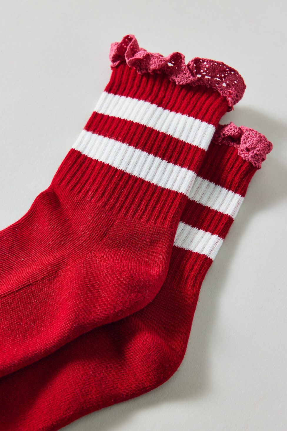 Lace-Trim Striped Athletic Socks - Red + White Stripes