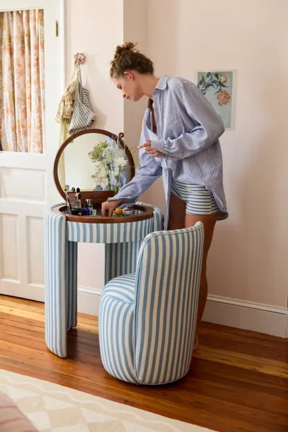 Jane Upholstered Vanity & Stool Set - Blue Stripe
