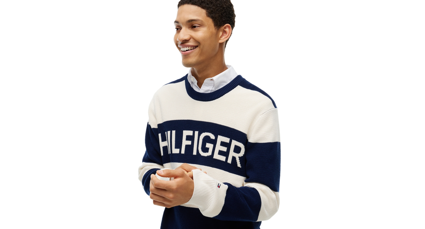 Tommy Hilfiger Men's Waffle Cotton Graphic Crewneck Sweater - Carbon Navy/Ivory Petal