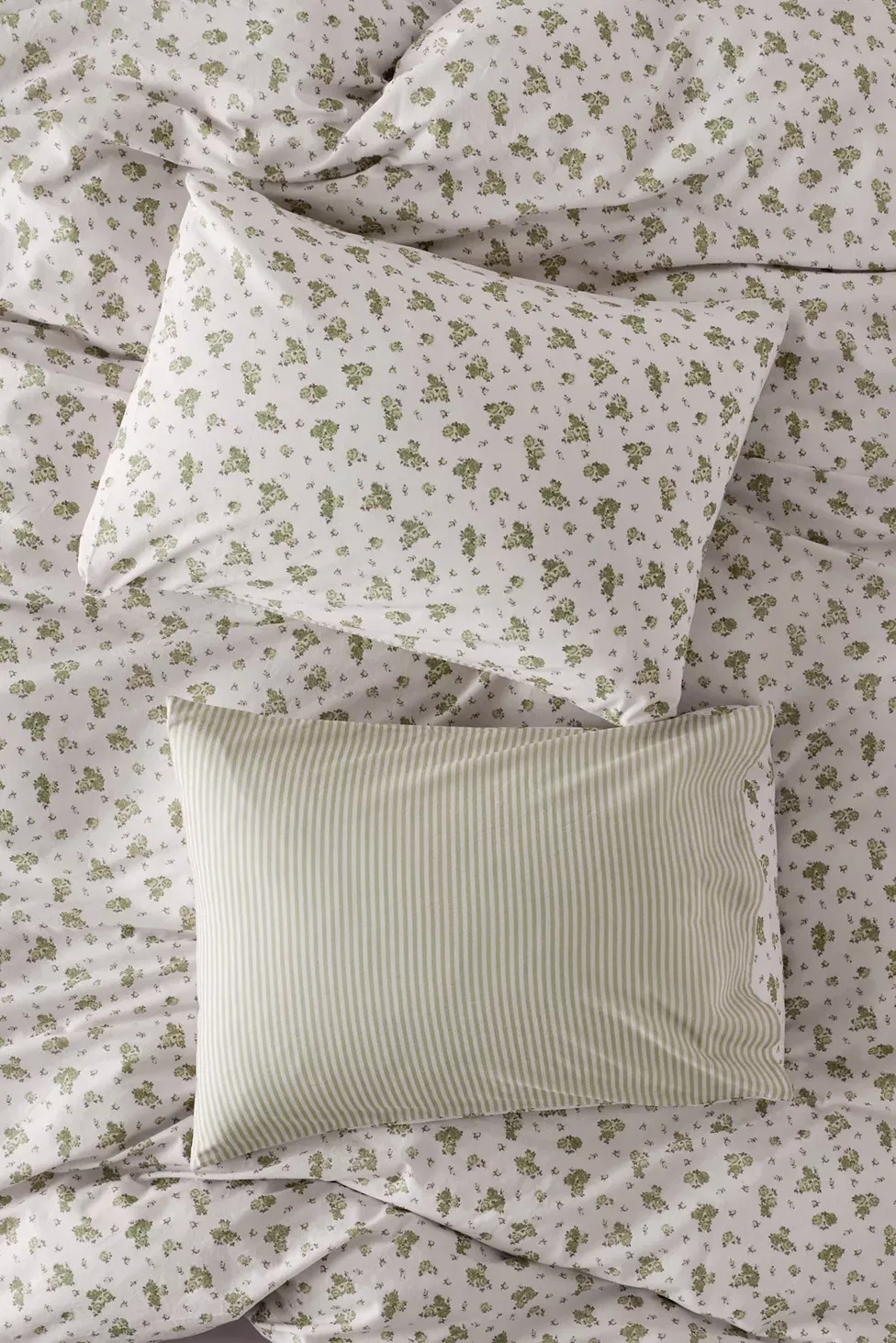 Maise Floral Patterned Reversible Sham Set - Green Floral/Stripe