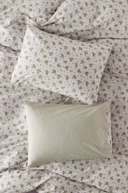 Maise Floral Patterned Reversible Sham Set - Green Floral/Stripe