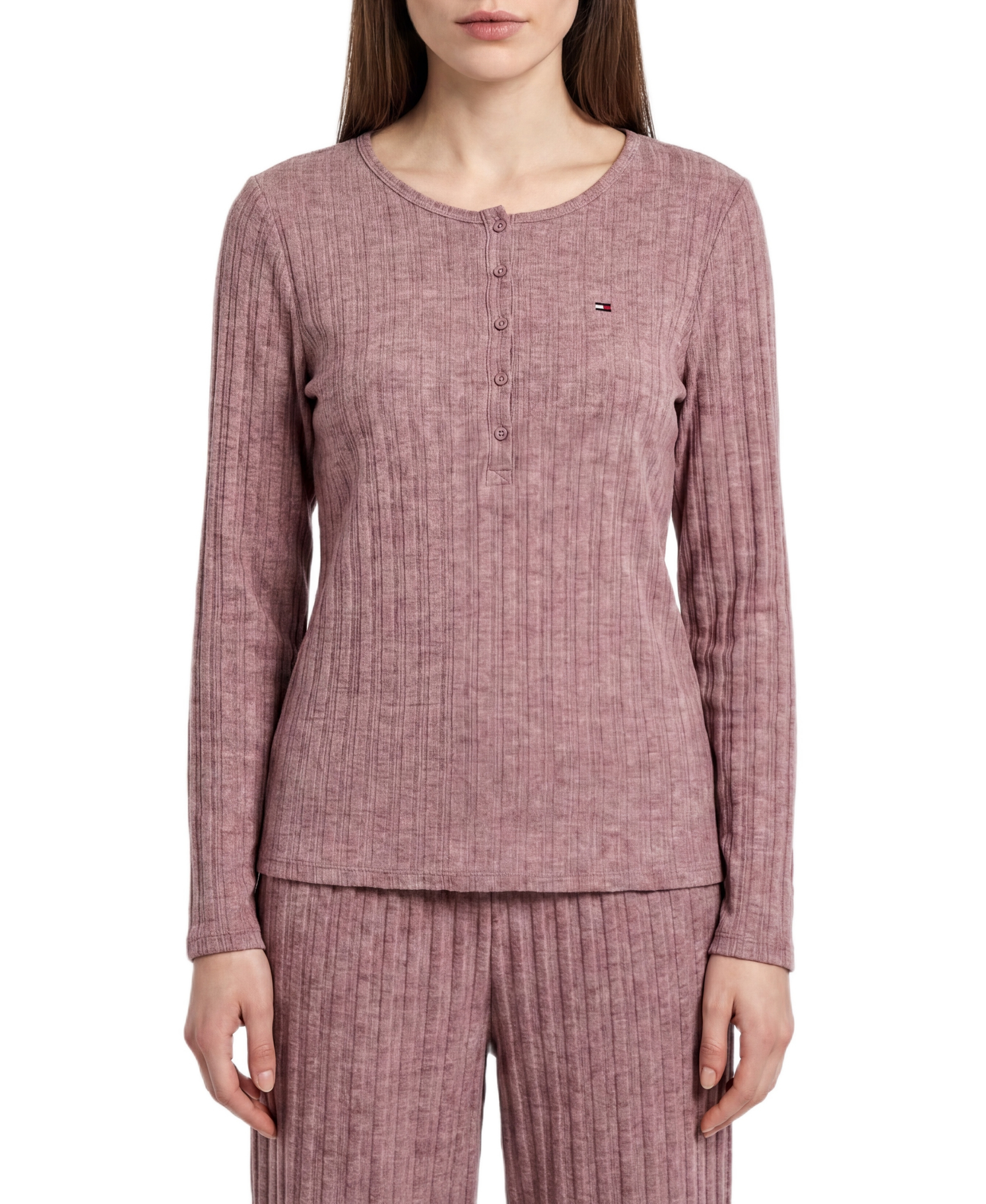 Tommy Hilfiger Women's Long-Sleeve Wide-Leg Cable-Jacquard Henley Top and Pant, 2-Piece Pajama Set - Rose Brown