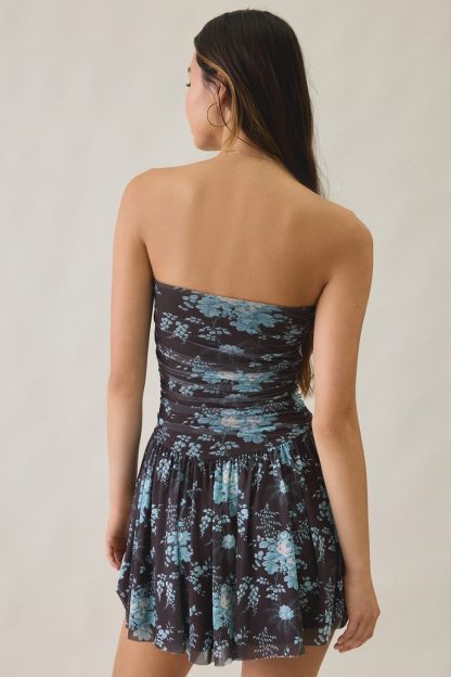 UO Modern Mesh Basque Waist Strapless Mini Dress - Brown + Blue Floral