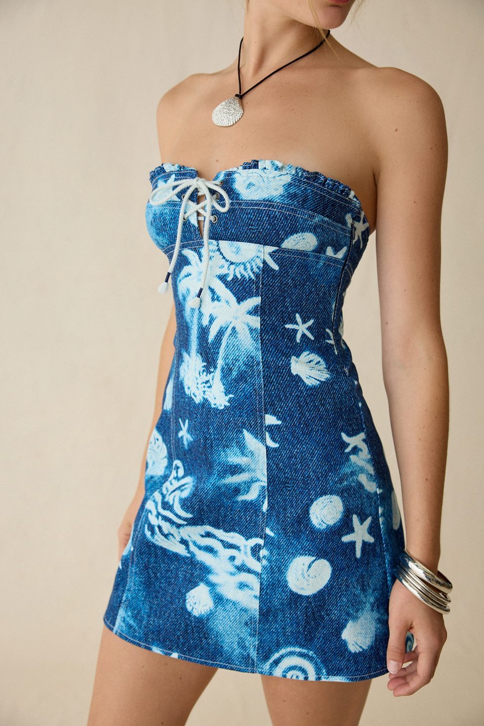 BDG Surfs Up Lace-Up Strapless Denim Mini Dress - Blue Multi