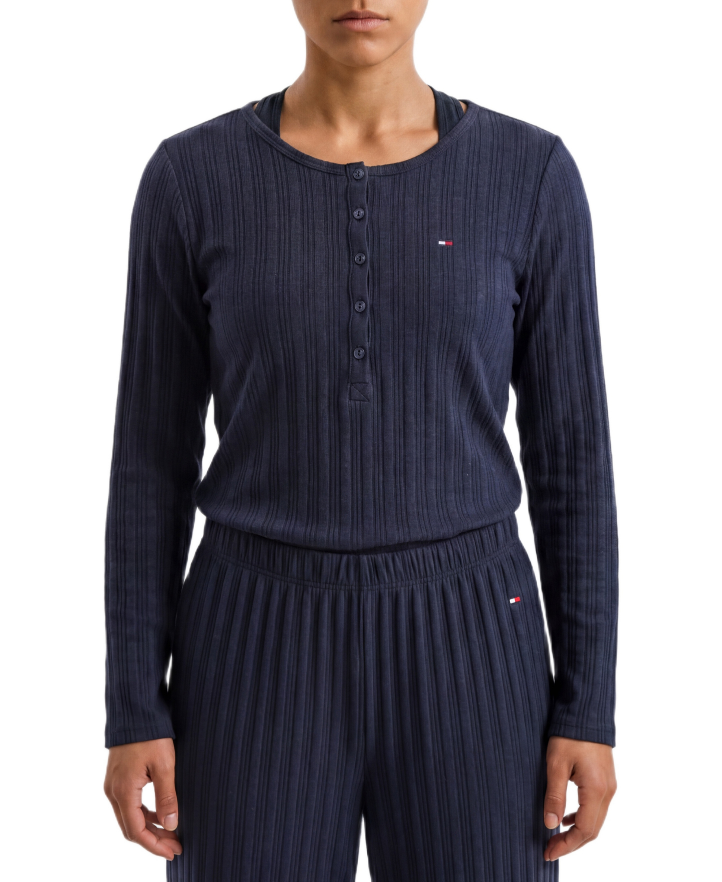 Tommy Hilfiger Women's Long-Sleeve Wide-Leg Cable-Jacquard Henley Top and Pant, 2-Piece Pajama Set - Sky Captain