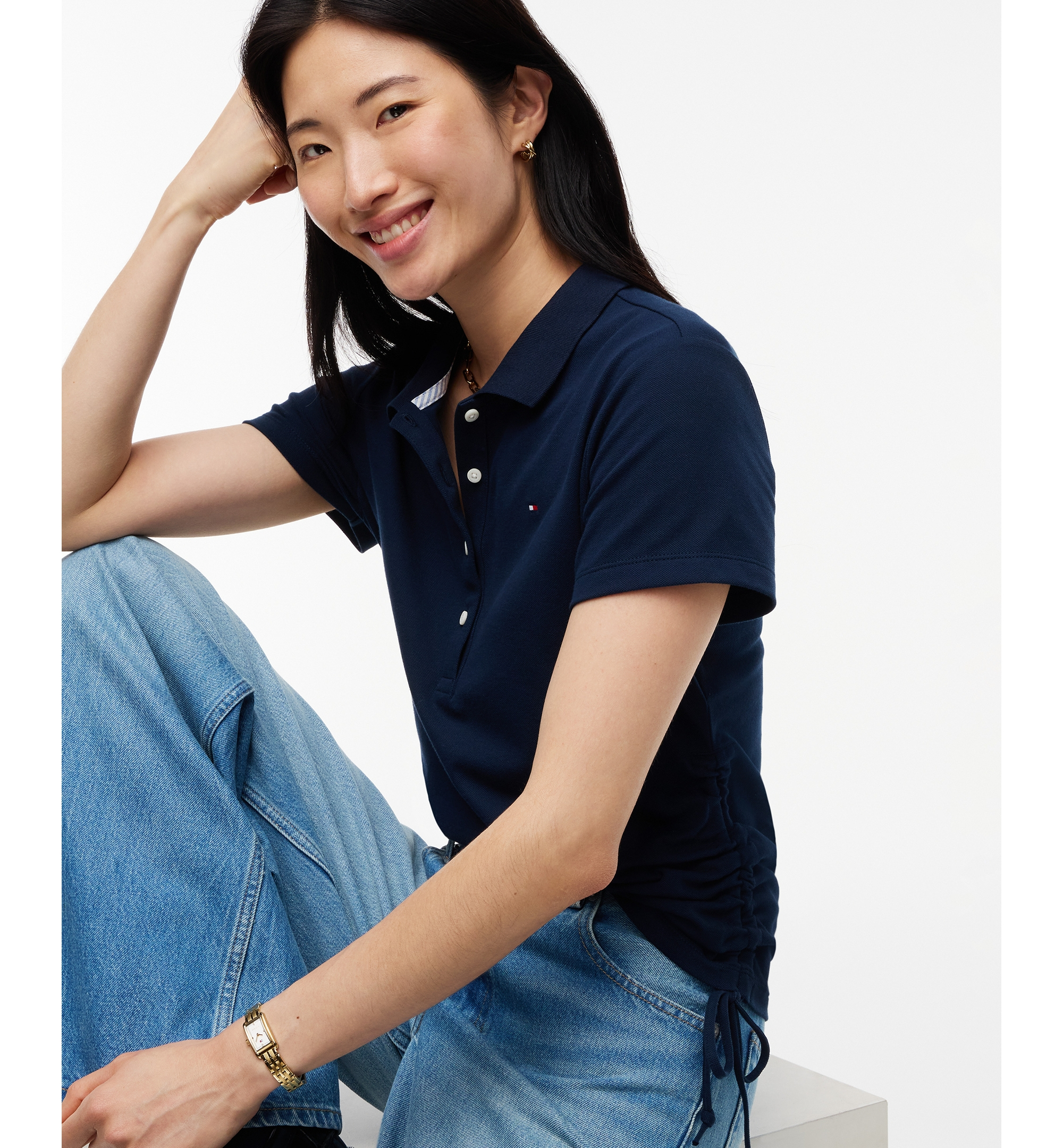 Tommy Hilfiger Women's Short-Sleeve Drawstring Polo Shirt - Dark Blue
