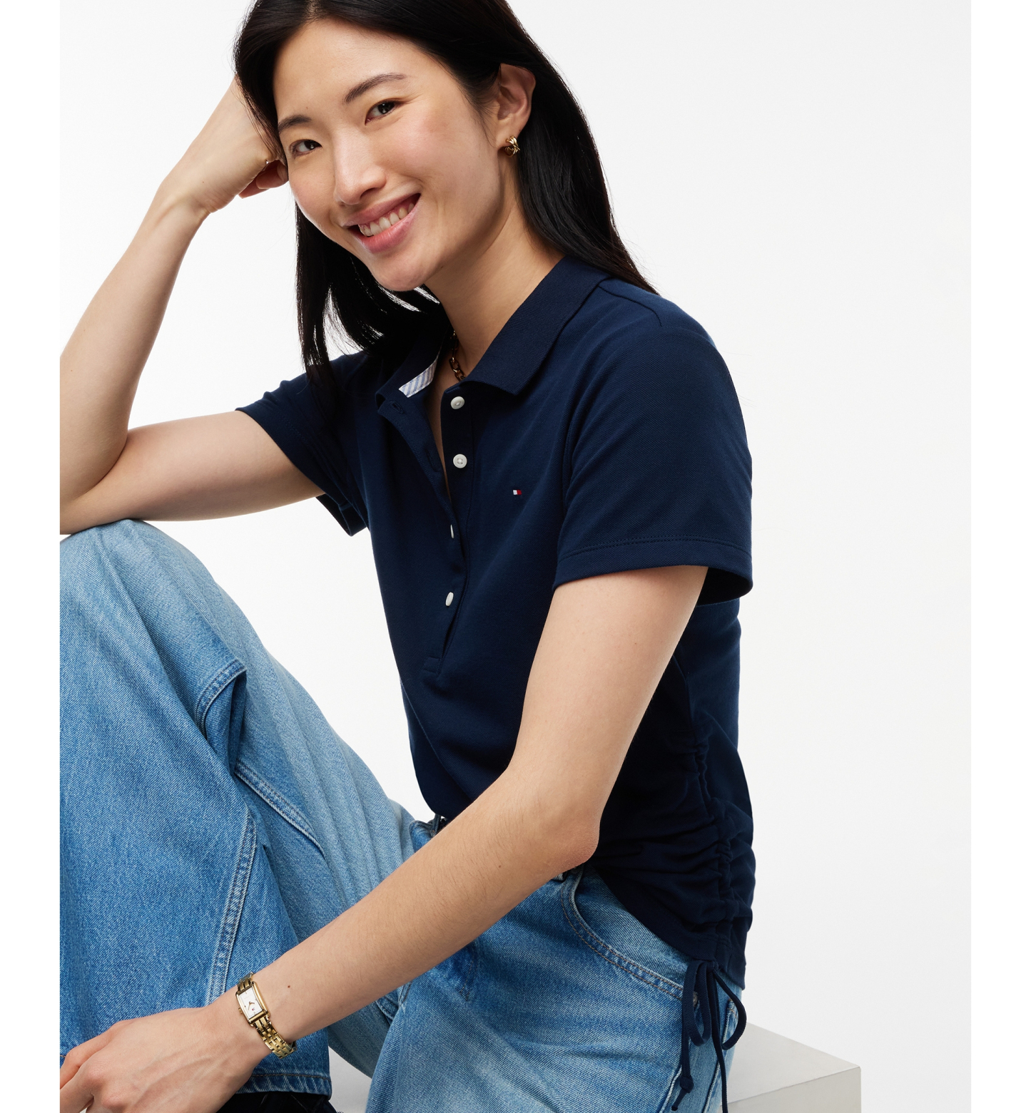 Tommy Hilfiger Women's Short-Sleeve Drawstring Polo Shirt - Dark Blue