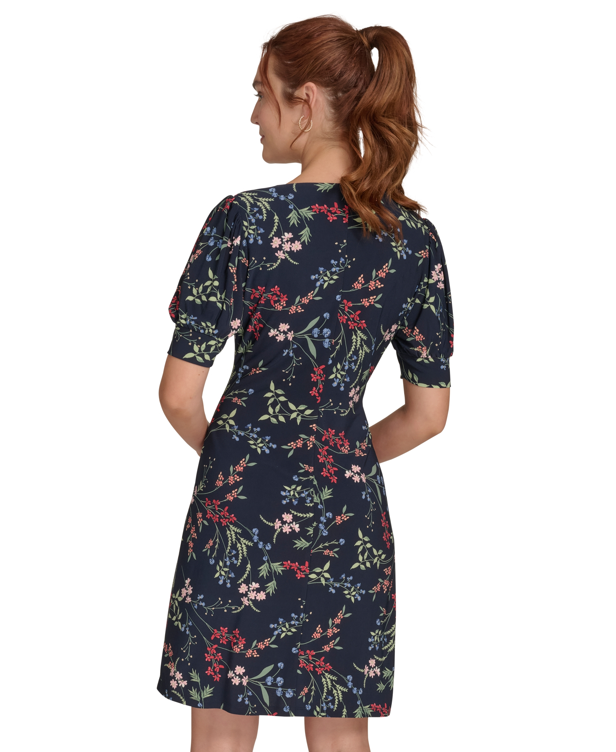 Tommy Hilfiger Women's Puffed-Sleeve Floral Shift Dress - Sky Captain Bloom