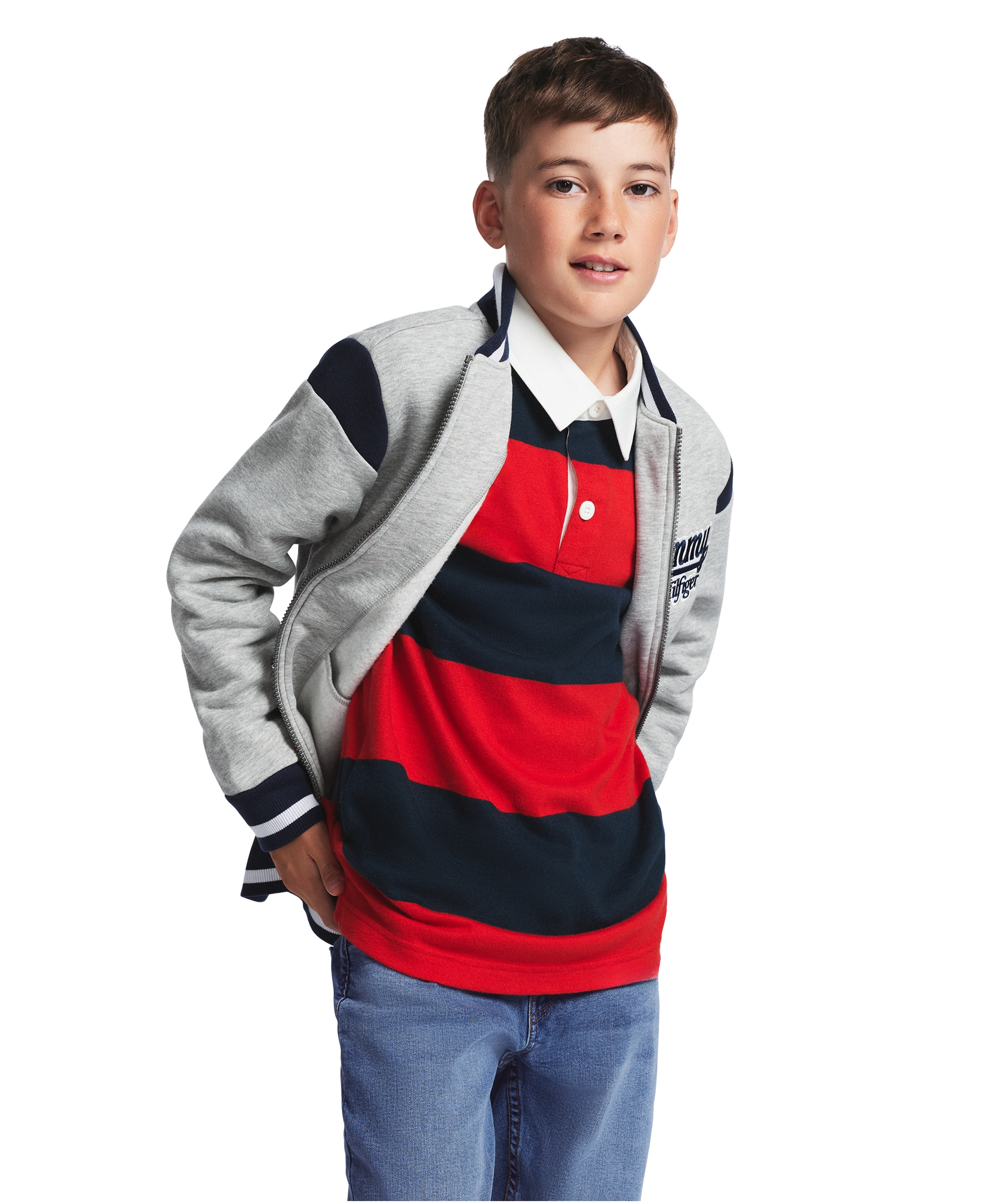 Tommy Hilfiger Boys' 8-20 Zip-Up Logo Bomber Jacket - Gray Heather
