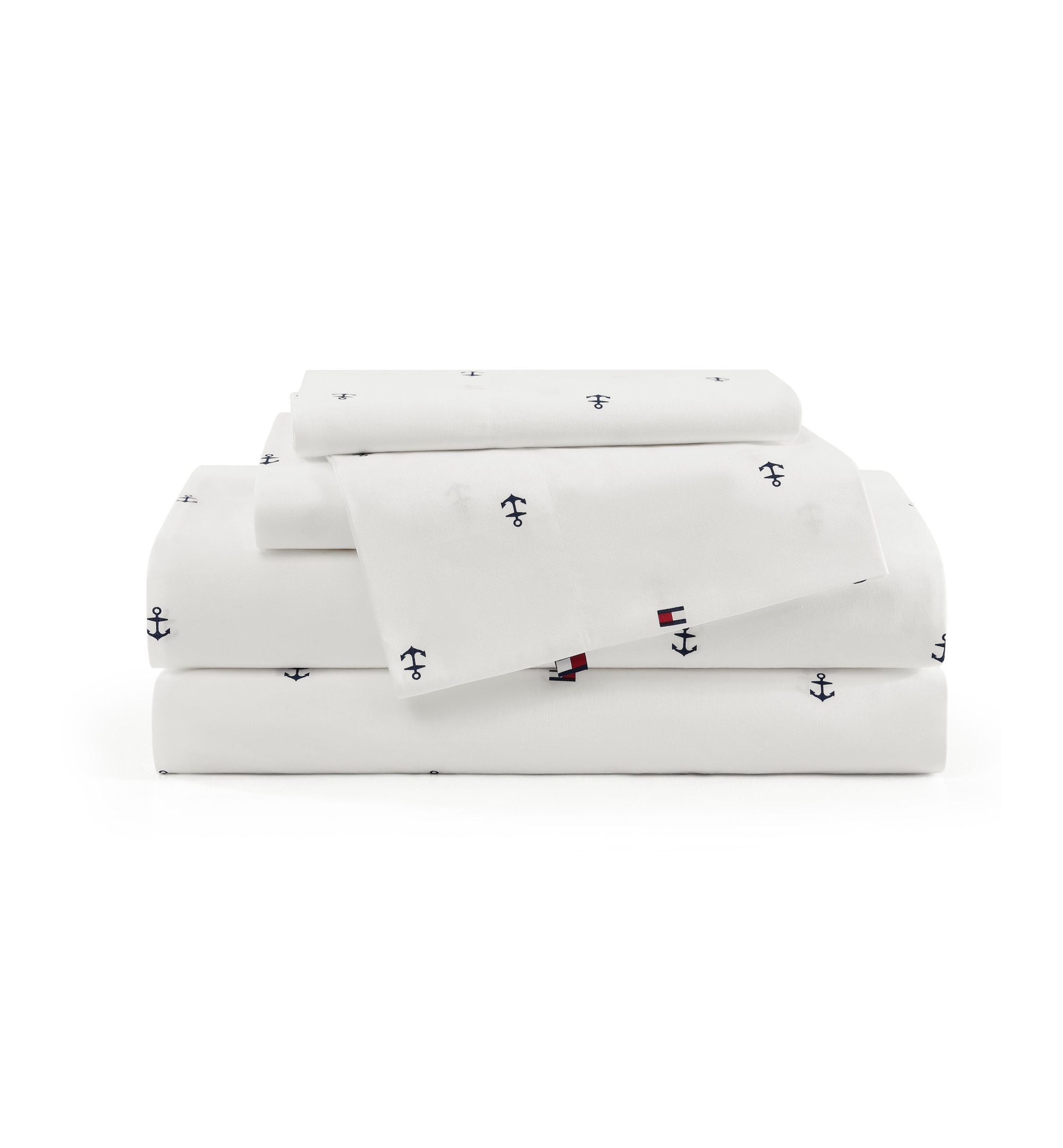 Tommy Hilfiger Printed 200-Thread Count Cotton Percale Sheet Set - Anchor, Flag Dark Blue