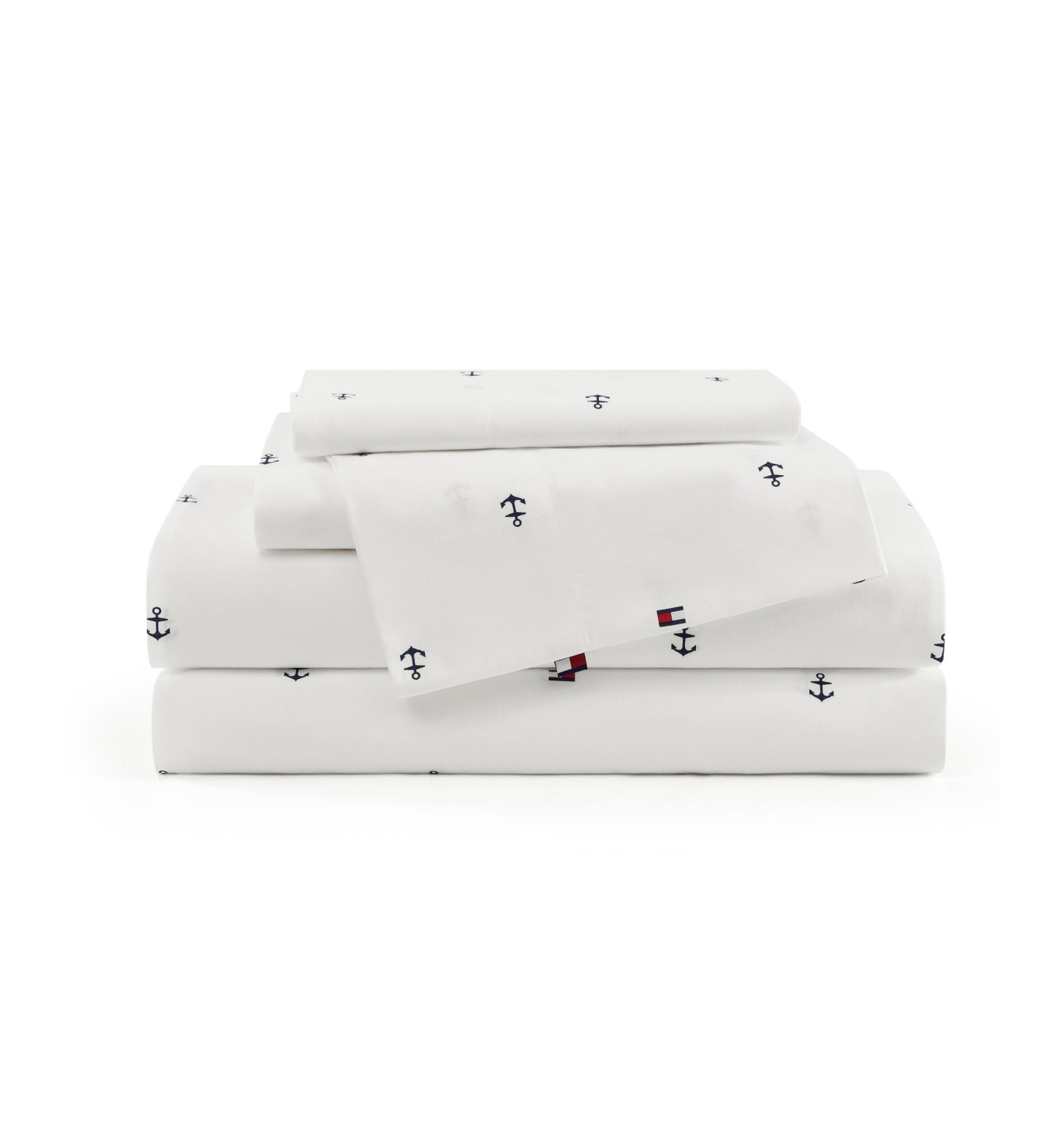Tommy Hilfiger Printed 200-Thread Count Cotton Percale Sheet Set - Anchor, Flag Dark Blue