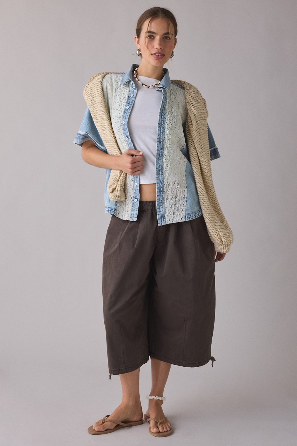 BDG Caught In The Feeling Lace + Denim Short Sleeve Button-Up Shirt - Light Blue