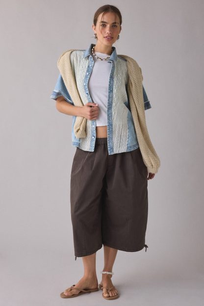 BDG Caught In The Feeling Lace + Denim Short Sleeve Button-Up Shirt - Light Blue