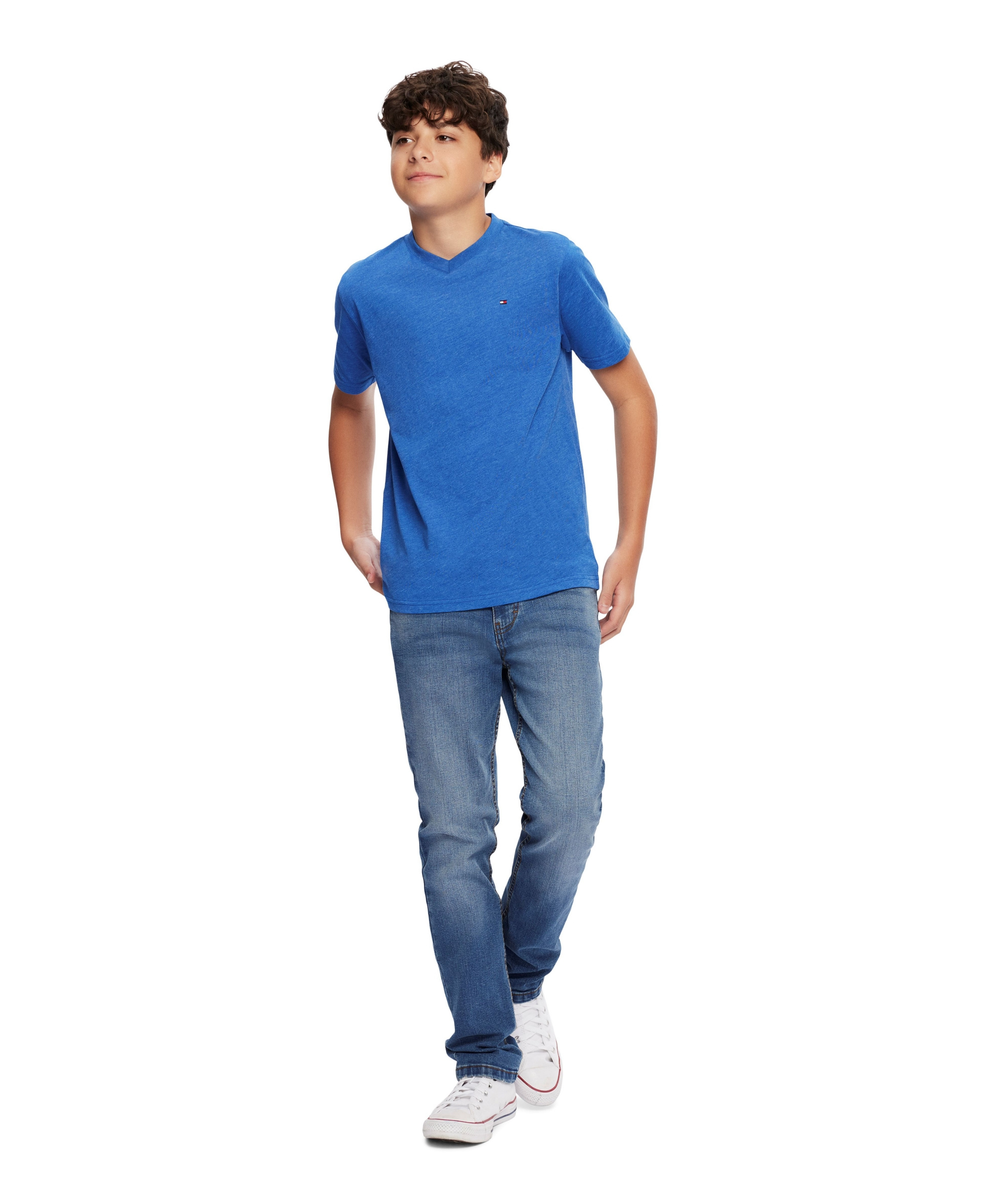 Tommy Hilfiger Boys' 2T-7 Solid Embroidered Logo V-Neck T-Shirt - Blue Jean